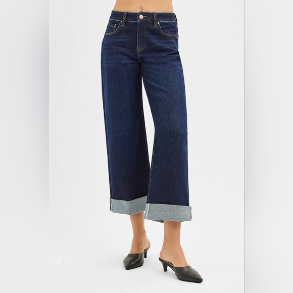 RISEN Mid Rise Deep Dark Wash Wide Leg Rolled Cuffed Ankle Jeans Various NEW - Picture 2 of 6